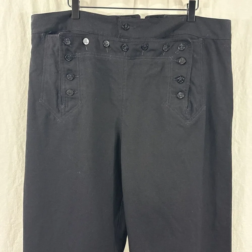 Vintage Black Sailor Wool Flap Front Uniform Wide Leg Tied Back Pants Mens 42R
